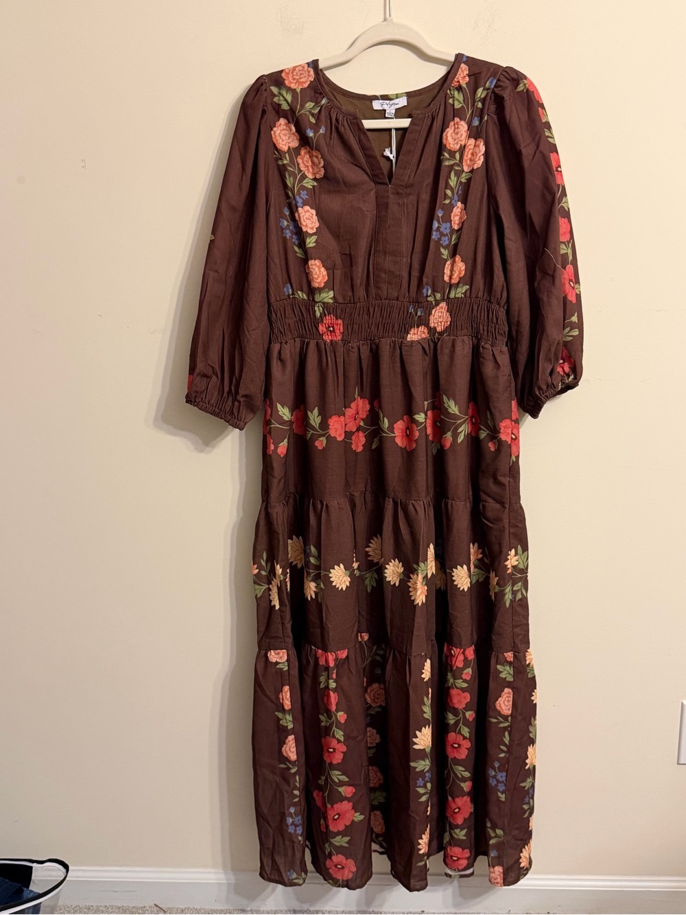 Polagram NWT Brown Floral Smocked Waist Tiered Boho Maxi Dress - Picture 3 of 5